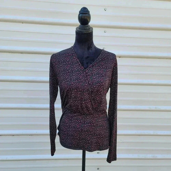 Michael Kors Women Faux Wrap Peplum Elastic Waist Stretch Jersey Top Black Red M - Picture 1 of 9